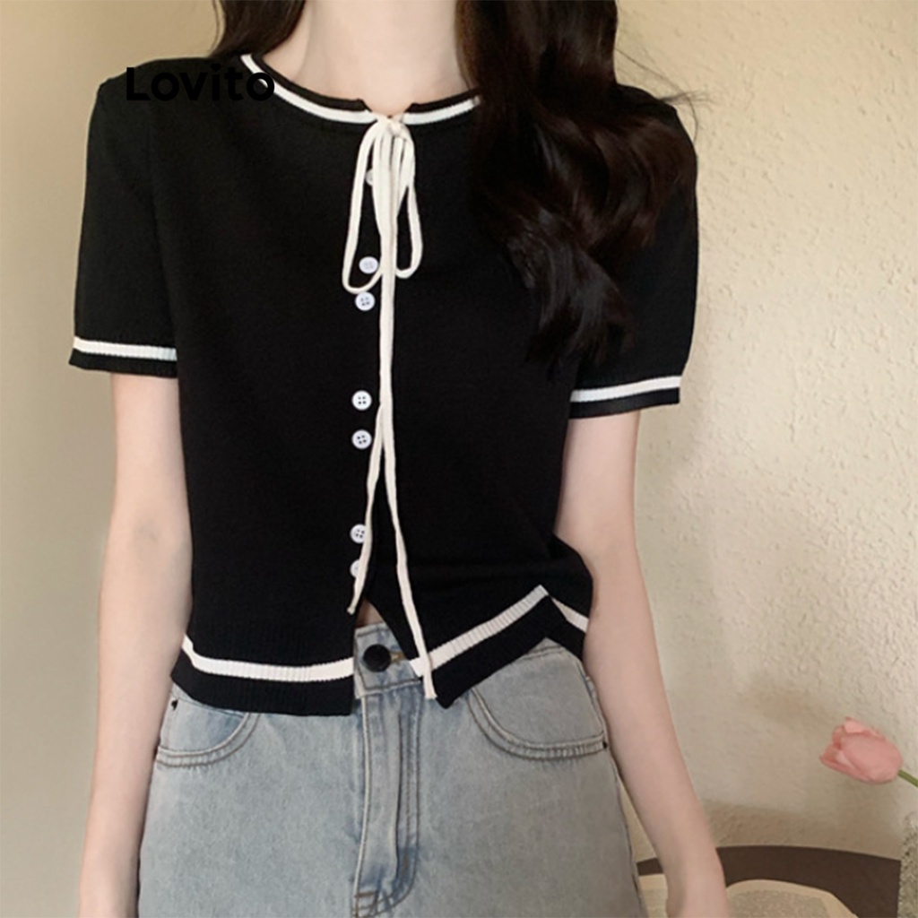 Purpose Multi Lovito Elegant Plain Tie Front Contrast Binding Button Knit Top Women LNL01001 (White/Black) Ang Atasan - Image 5