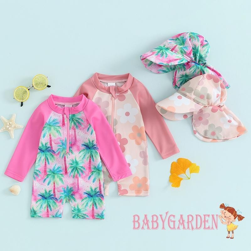 【Malaysia stock】0-3 Years Baby Girls Swimwear Long Sleeve Floral/Tropical Tree Print Zip Up Bathing Suits with Hat