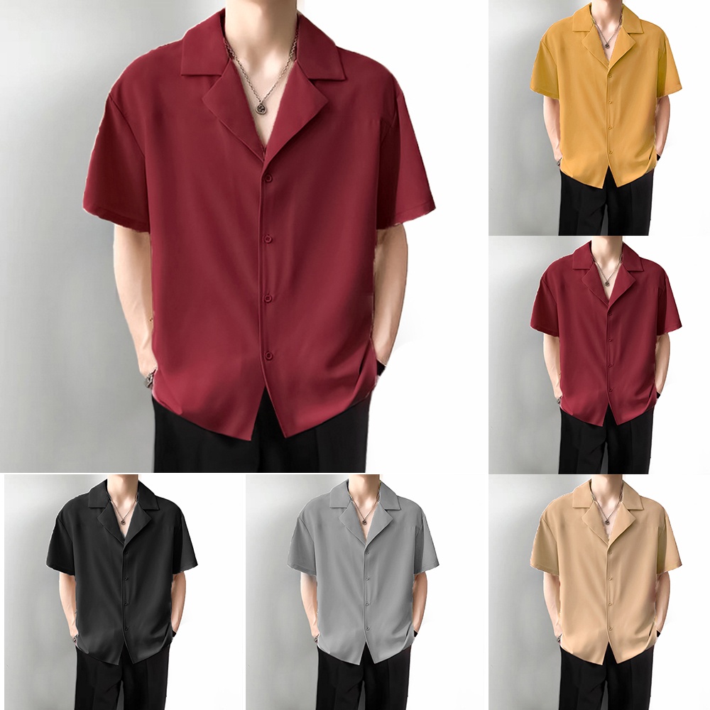 【6 Color/M-3XL】Korean Style Cuba Collar Short Sleeve Shirt Men's Ice Silk Abstinence Kemeja Lelaki Lengan Pendek