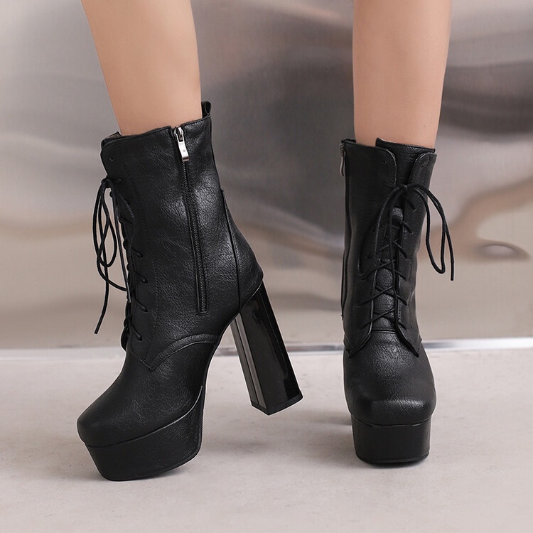 Size 34-50 European American Sexy Cross Strap Thick Heel Platform Thick Sole Retro Oil Wax Leather High Heel Side Zipper Square Toe Short Boots