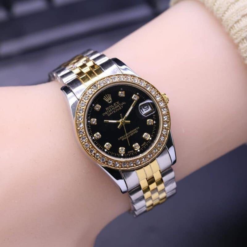 Rolex diamond stone jam tangan perempuan quartz analog no use battery stainless steel watches with free box