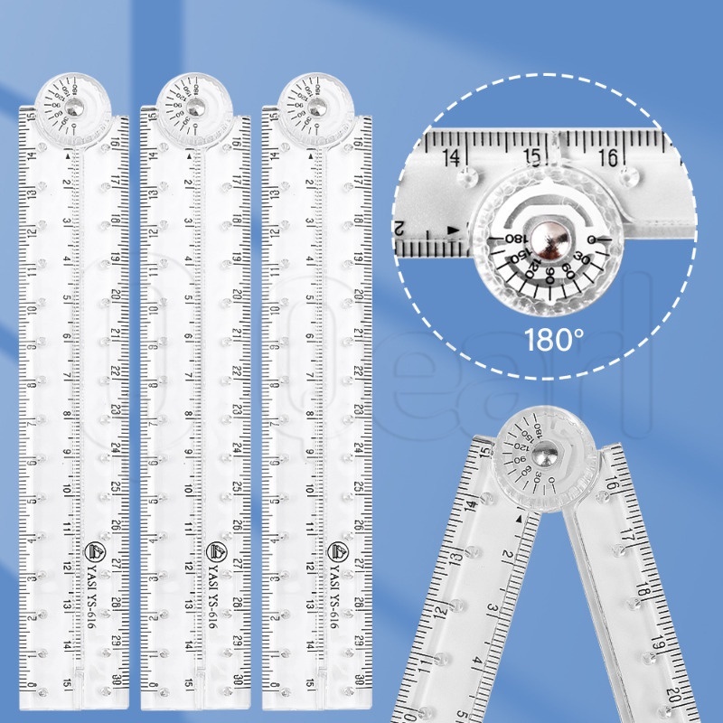 30Cm Transparent Acrylic Folding Ruler/ Universal Student Drawing Angle Measuring Ruler/ 2-In-1 Protractor Ruler/ Office And Teaching Stationery Supplies