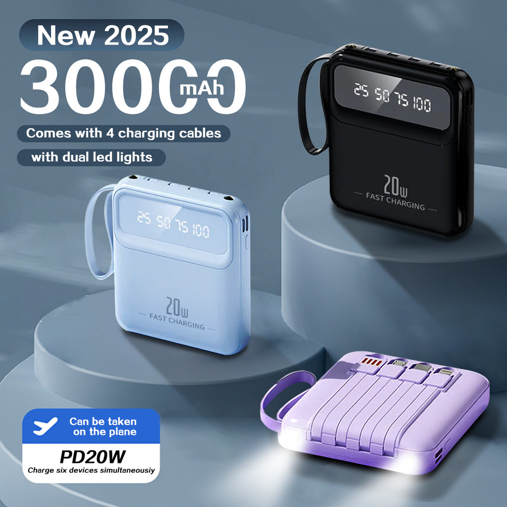 Mini Powerbank 30000mAh Fast Charging built-in 4 Cables come with digital display portabale power bank