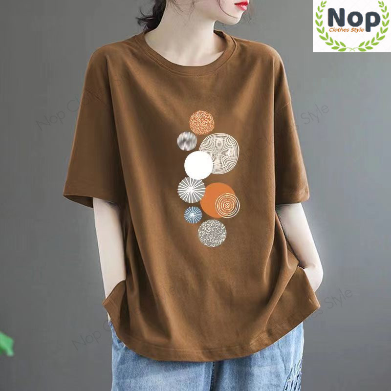 2025 Summer 100% Cotton Short-Sleeved T-Shirt Women Large Size Loose Mid-Length Top Slimmer Look Young Firework Print