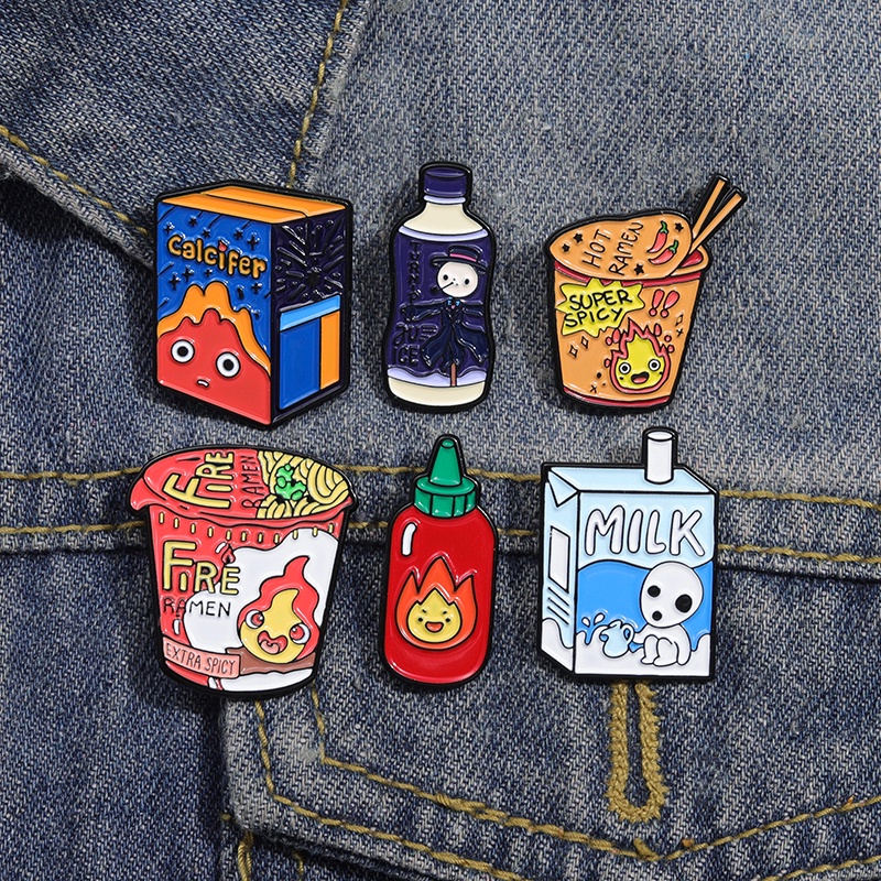 Japanese Anime Howl's Moving Castle Funny Instant Noodle Milk Box Enamel Brooch Hayao Miyazaki Series Backpack Badge Clothing Accessories Gifts for Friends and Children