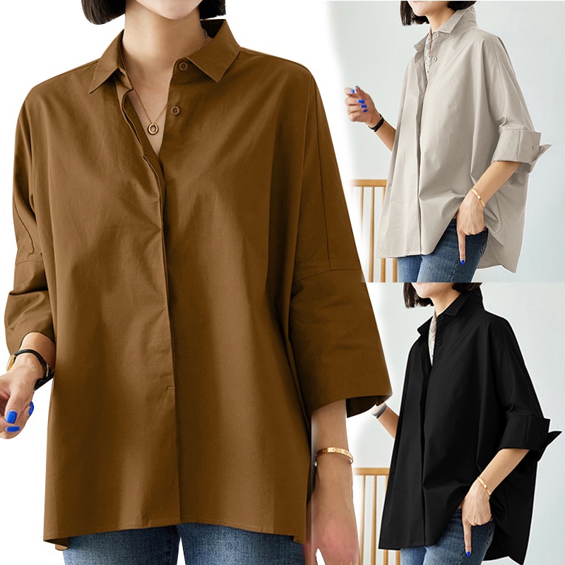 ?READY STOCK?Women's New Plus Size Blouse Loose Long Sleeve Plain Korean Style Retro Minimalist Khaki Shirt