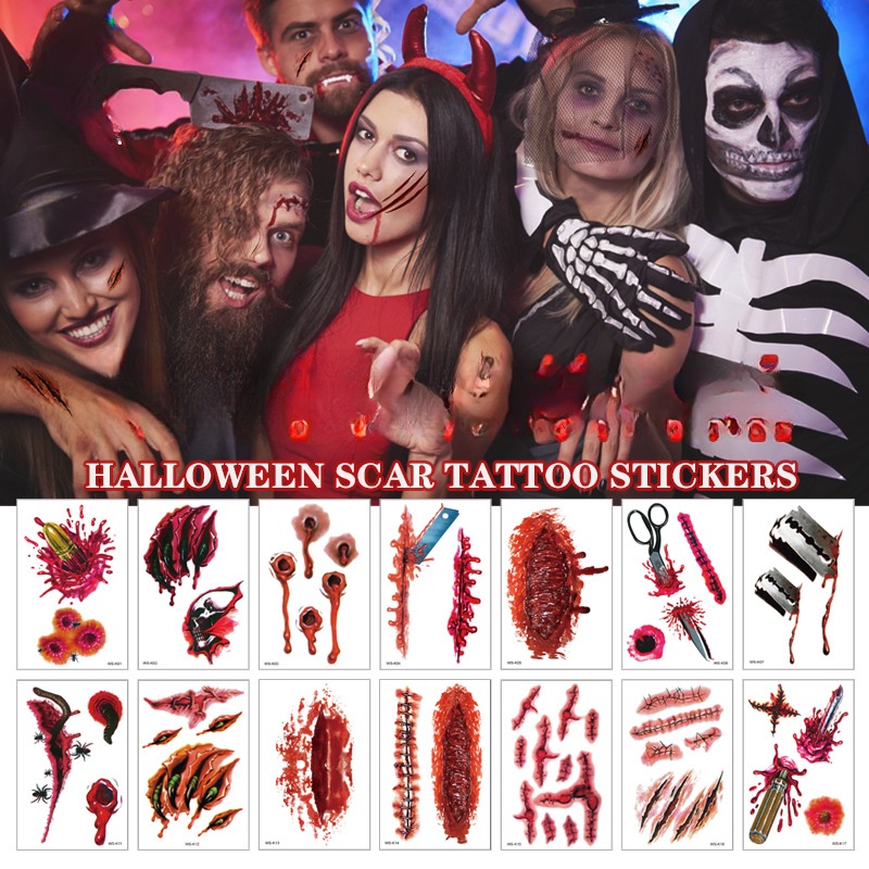 24 Pcs Halloween Zombie Scars Water Transfer Stitches Blood Fake Bloody Scars Temporary Tattoos