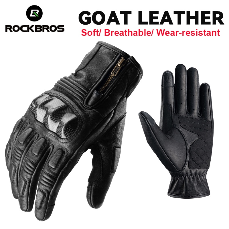 【MY Delivery】ROCKBROS Shockproof Motorcycle Leather Gloves Carbon Fiber Knuckle Protection Full Finger Cycling Gloves For Men