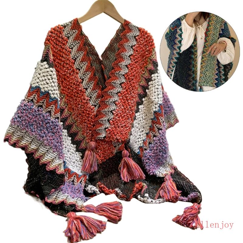 JOY Colorful Mexico Poncho Jumper Sweater Handmade Crochet Ethnic Tassels Shawl