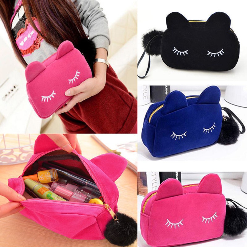 Fashion Outdoor Cute Flannel Cartoon Cat Cosmetic Makeup Storage Bag Pen Pencil Pouch Cases - Image 5