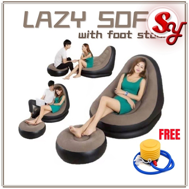 2 IN 1 Lazy Sofa Inflatable Footstool With Pump Portable Home Sofa Flocking with Seat Leisure  Recliner