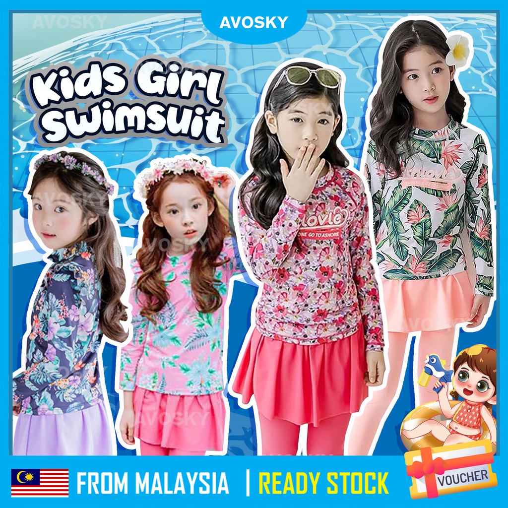 AVOSKY 2-12 Years Kids Swimsuit Girl Swimwear Long Sleeve Muslimah Swimming Swim Suit Baju Renang Budak Kanak Perempuan