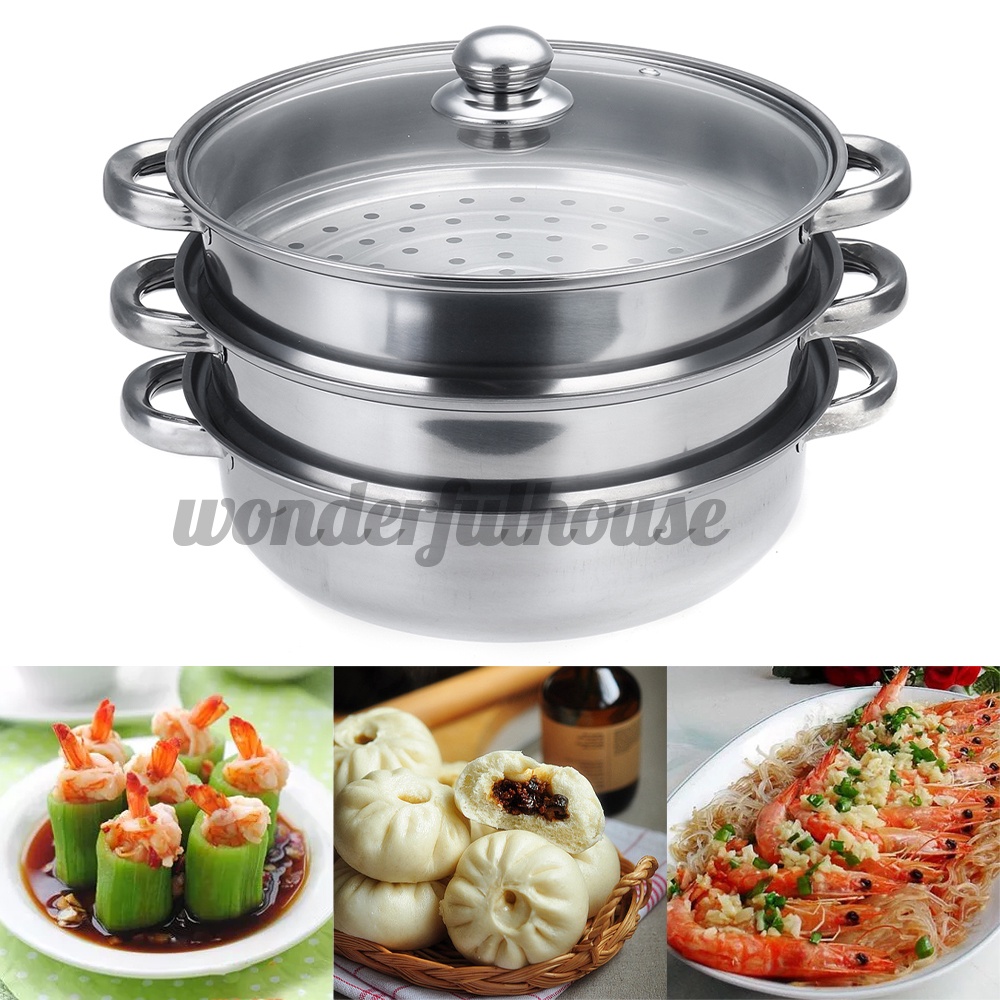 Yzz>1/2/3 Tier Stainless Steel Steamer Set Hob Steam Kitchen Food Cookware Cooker wellmake