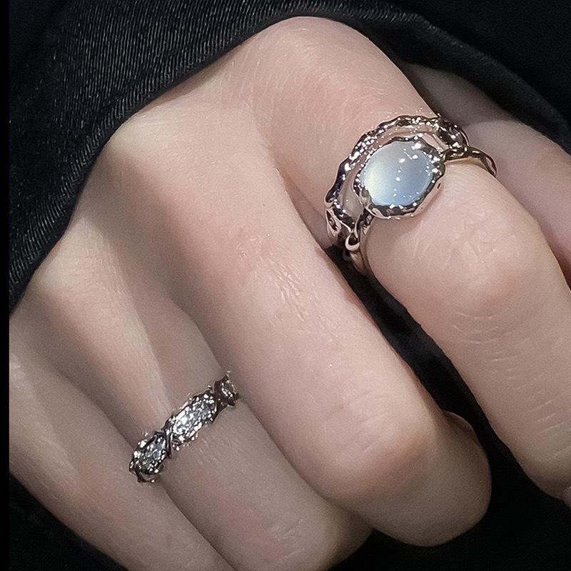 Niche Design Moonstone Ring Female Diamond High-Encrusted Kagyu Open Ring Plain Ring Index Finger Ring French Self-Discipline Ring