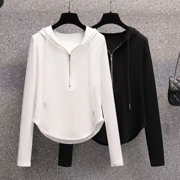 Women's Thread Elastic Zipper Hooded T-shirt New Solid Irregular Slim Fit Long Sleeve Underlay Fashion Casual Top