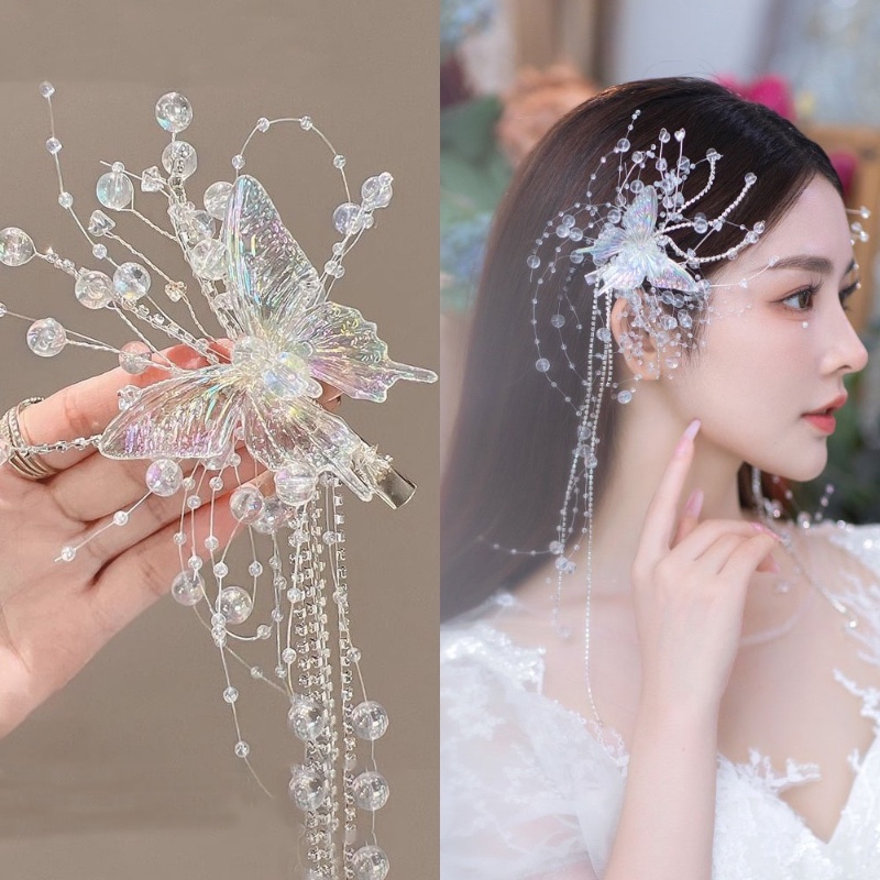 Super Fairy Butterfly Tassel Hair Clip Girls Rhinestones Crystal Princess Elegant Bridal Wedding Dress Wedding Headdress