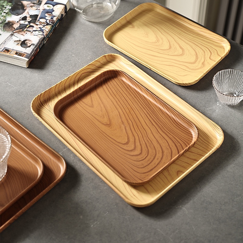 Plastic Square Tray Japanese Style Imitation Wood Grain Tray Household Tea Cup Plate Thickened Tea Tray
