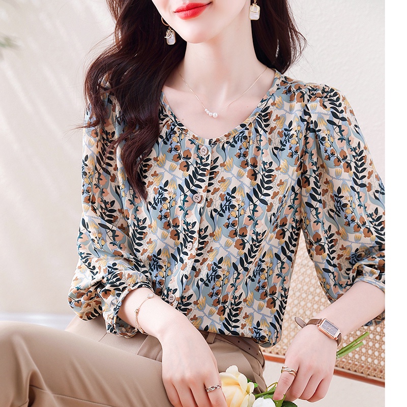 New Retro Style Chiffon Floral Shirt Puff Sleeve Top Casual All-Match Floral Pullover Shirt Loose Plus Size