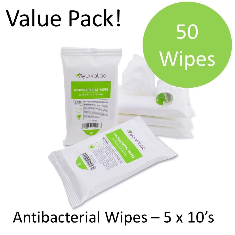 Antibacterial Wipes (5 x 10s) Natural Extracts, Aloe Vera, Fragrance-Free, Alcohol-Free…