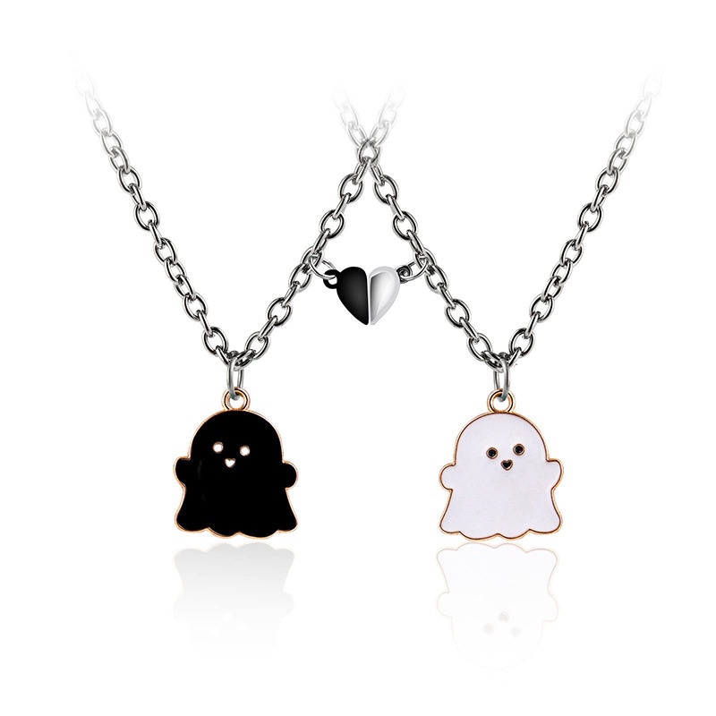 Fashion Cute Black White Ghost Pendant Couple Necklaces for Women Heart Magnetic Attraction Drip Oil Necklace Jewelry