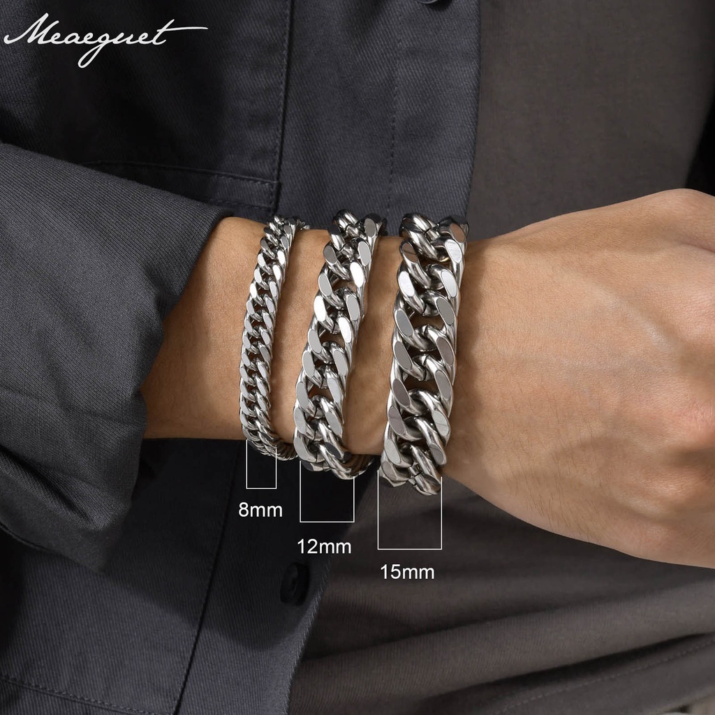 Meaeguet Silver Men Bracelet Stainless Steel Cuban Chain Bracelet 8/10/12/15MM Jewelry Accessories