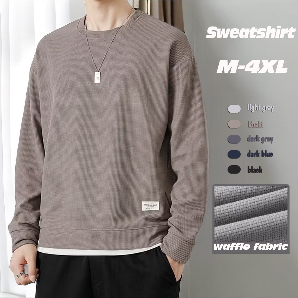 Waffle Sweatshirt Men Long Sleeve Waffle Sweater Men Oversized Round Neck Plain Sweat Shirt Men Long Sleeve T Shirt