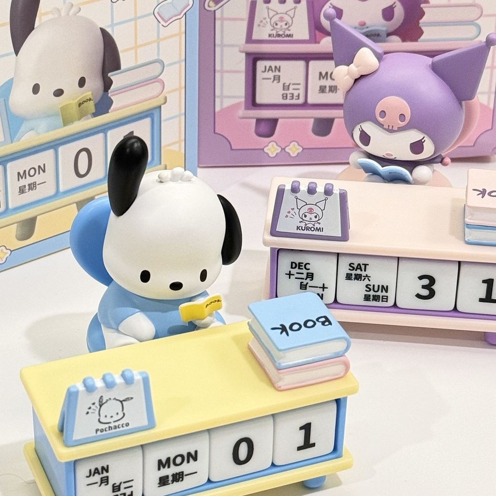Sanrio Family Desktop Calendar Ornament Kawaii Kuromi Pochacco Anime Action Figures Model Collectible Kids Gift