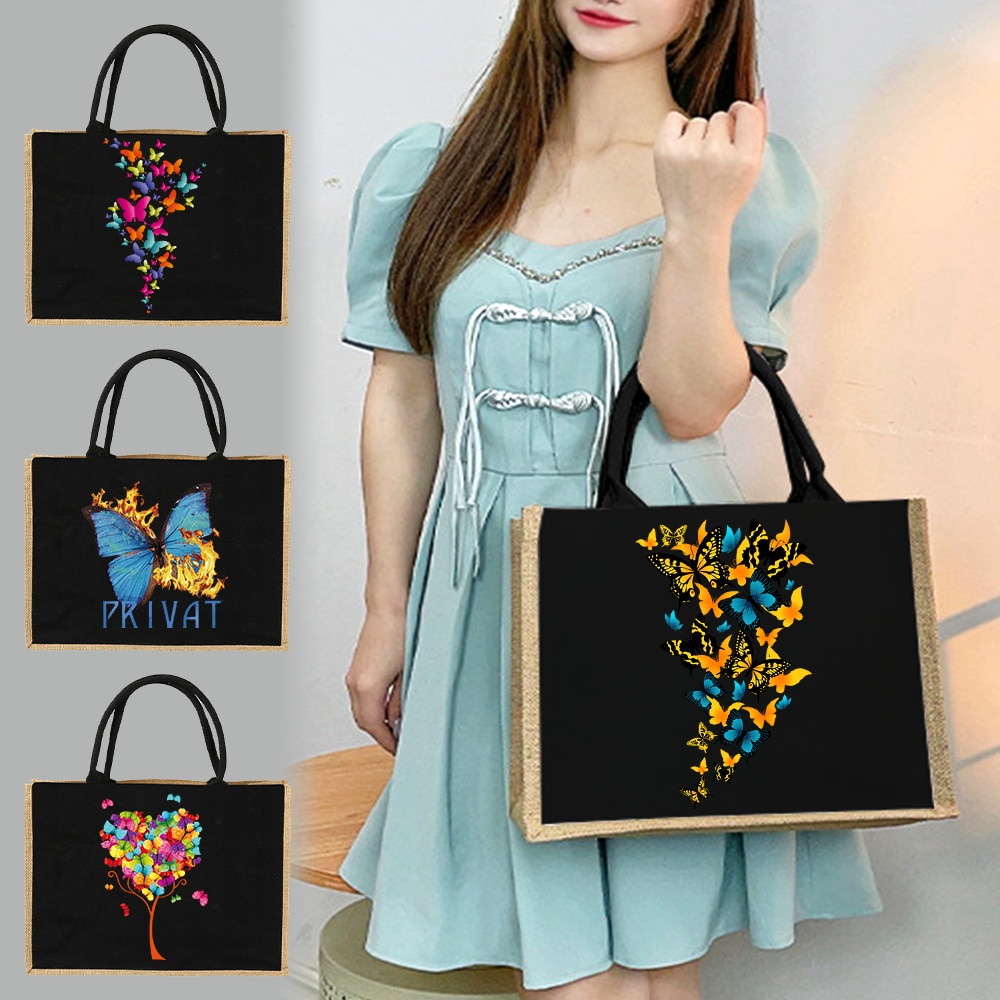 Jute Bag Handbag Linen Shoulder Bag Sacks Jute Imitation Linen Bags Women Shopping Bags Designer Tote Bags Butterfly