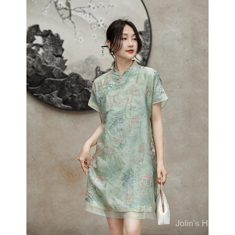 J702Dress Retro Embroidered Dress Women's Dress Summer High-End Temperament Improved Cheongsam