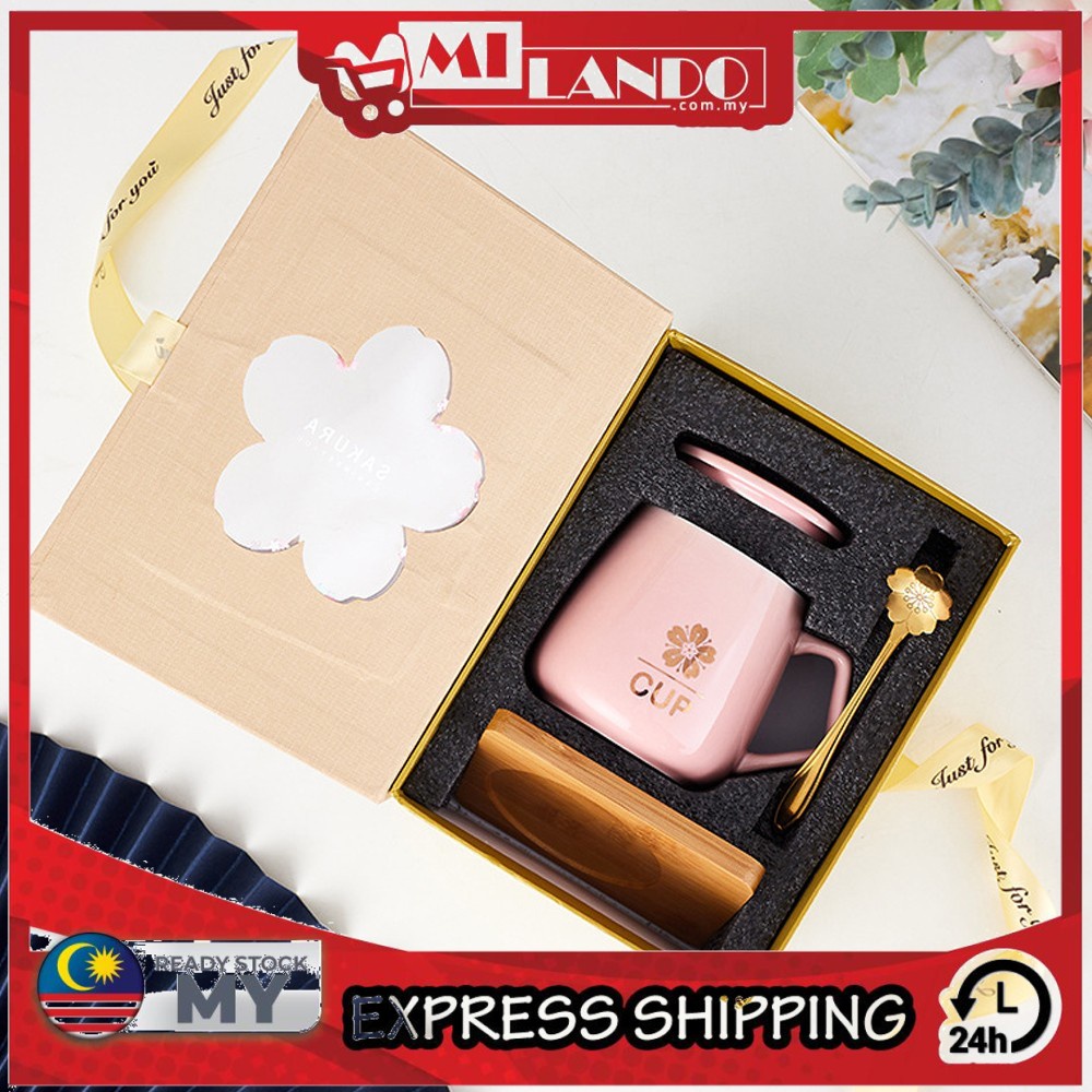 (4-Piece Set) MILANDO Mug Sakura Ceramic Coffee Cup FREE Gift Box Set Cup Gift (Type 5)