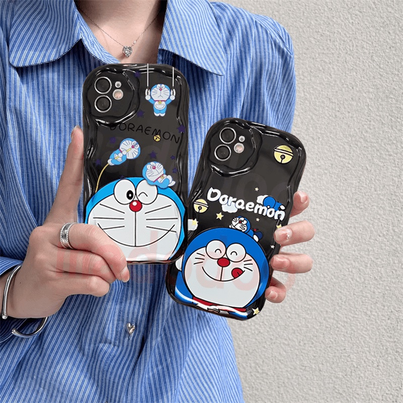 Black Anti-fall Casing Xiaomi Mi 14 13T 13 12 12X 12S 11 Lite POCO M3 X3 NFC Pro Redmi Note 10 10S 9 9S 8 8A 7 Cartoon Wavy Cream Edge Cute Pole vault flying rings Doraemon Star Cloud bell Fine Hole Airbag Shockproof Protection Soft Phone Case NY 93