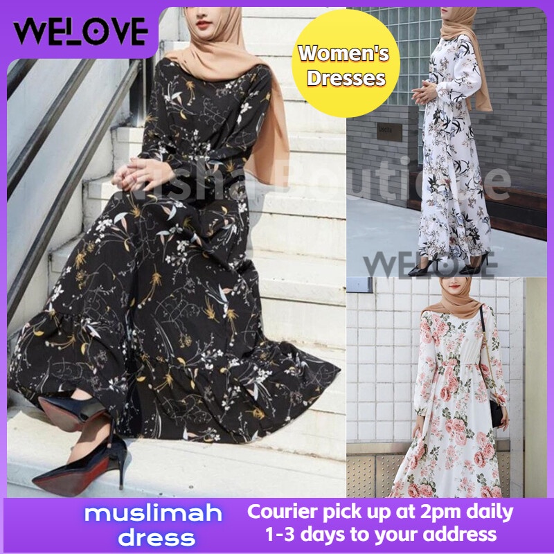 Ready Stock Muslimah Women Dresses Long Sleeve Dresses Muslim Wear Gaun Muslim Elegan Gaun bandeau lengan panjang busana