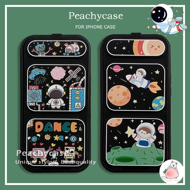 Cartoon Planetary Astronauts Robotic Invisible Fold Holder Stand Phone Case Compatible for iPhone 15 14 13 12 Pro Max 11 TPU Full Coverage Dust Resistant Mobile Casing