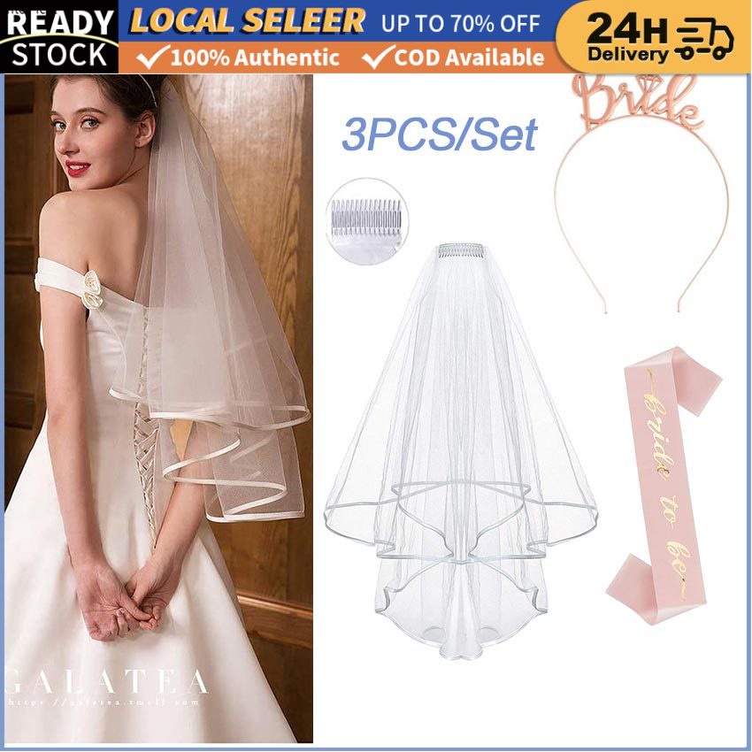 3Pcs/Set Bride to be Bridal Theme Decoration Kit Bridal Veil Sash Tiara Headband Banner Bachelorette