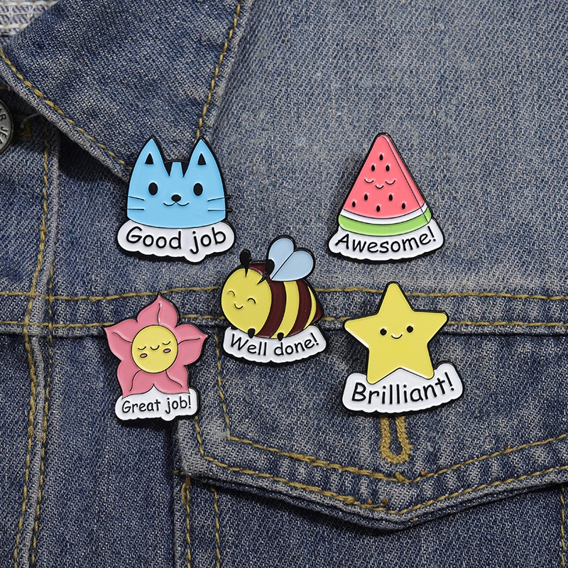 Cartoon Good Job Positive Statement Enamel Brooch Cat/bee/star/watermelon Backpack Badge Clothing Accessories Gift Jewelry for Friends