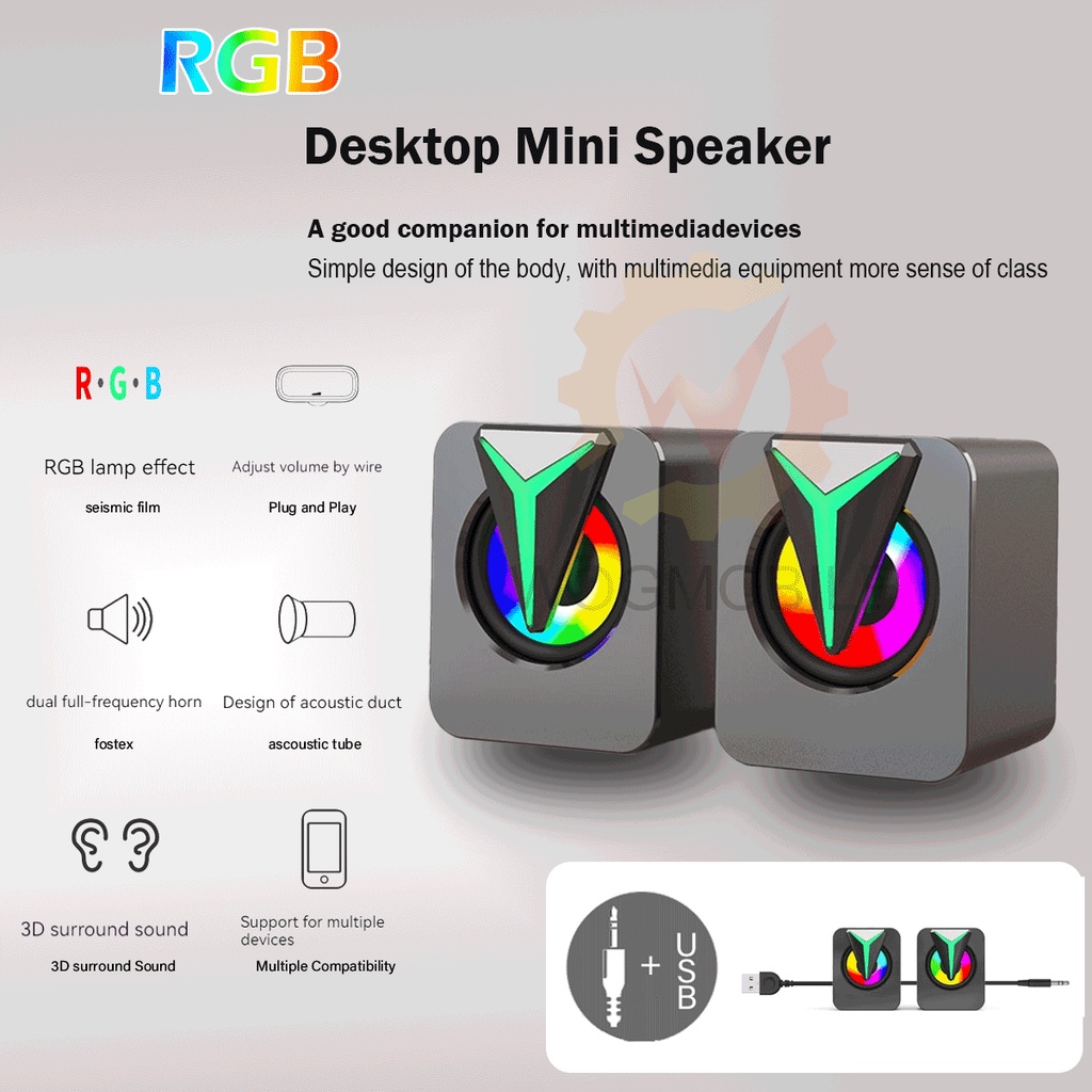 USB Speaker Laptop Desktop Stereo Mini Speaker With RGB LED Light AUX Audio For PC Computer Gaming Smart Phone Tablet 音响