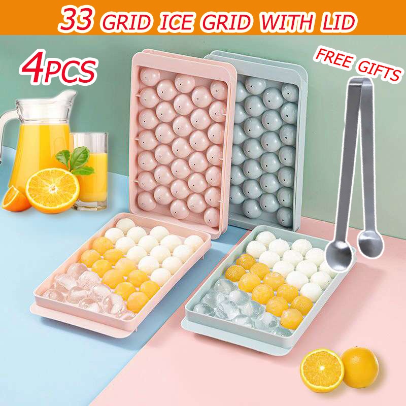 【 Free gift food clip 】4pcs jelly ball set 33 Grids Round ice ball tray  bekas  Ice cream Maker Mold for Freezer Mini Sphere Ice Cube Tray Making