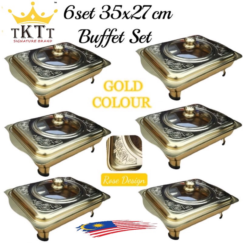 NZ 6 Set GOLD 35x27 Embossed Buffet Tray Serving Food Pan Catering Kenduri Set Bekas Hidangan Emas Serbaguna