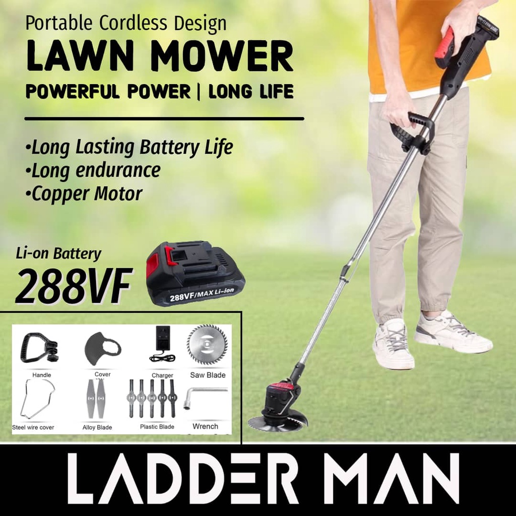 Mesin Rumput 288VF Lithium Battery Ladderman Cordless Lawn Mower Rechargeable Grass Cutter Trimmer Mesin Potong Rumput