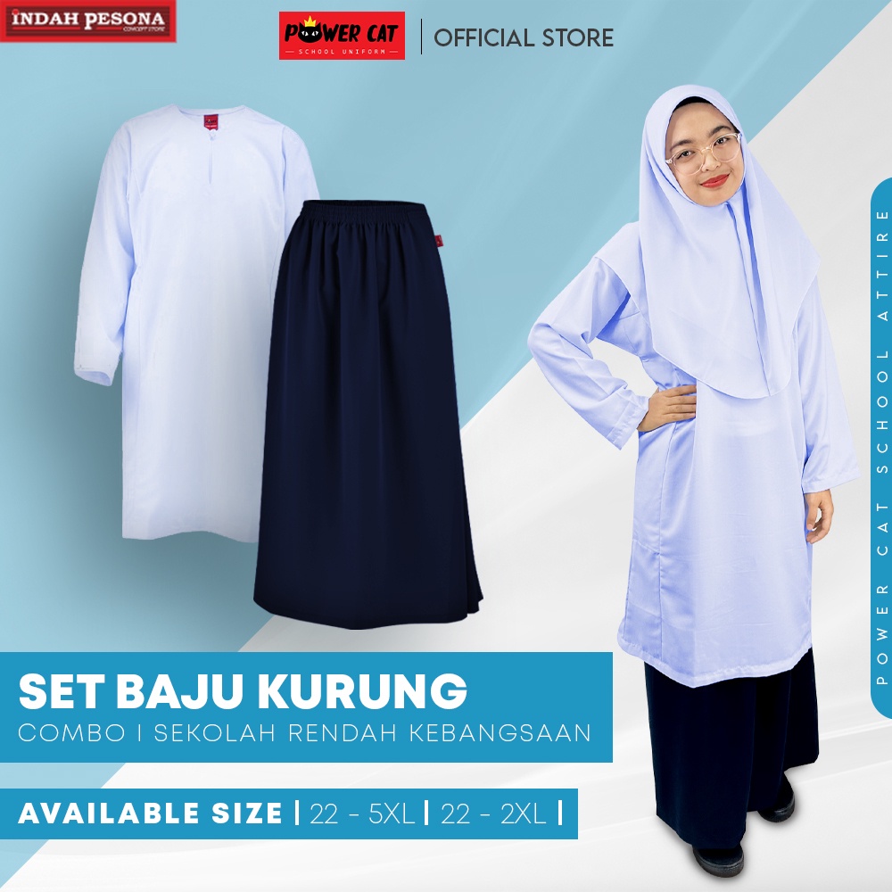 POWER CAT Sepasang Baju Sekolah Kurung Koshibo Putih Nila&Kain SRK/Baju Sekolah Rendah/Size 22-5XL