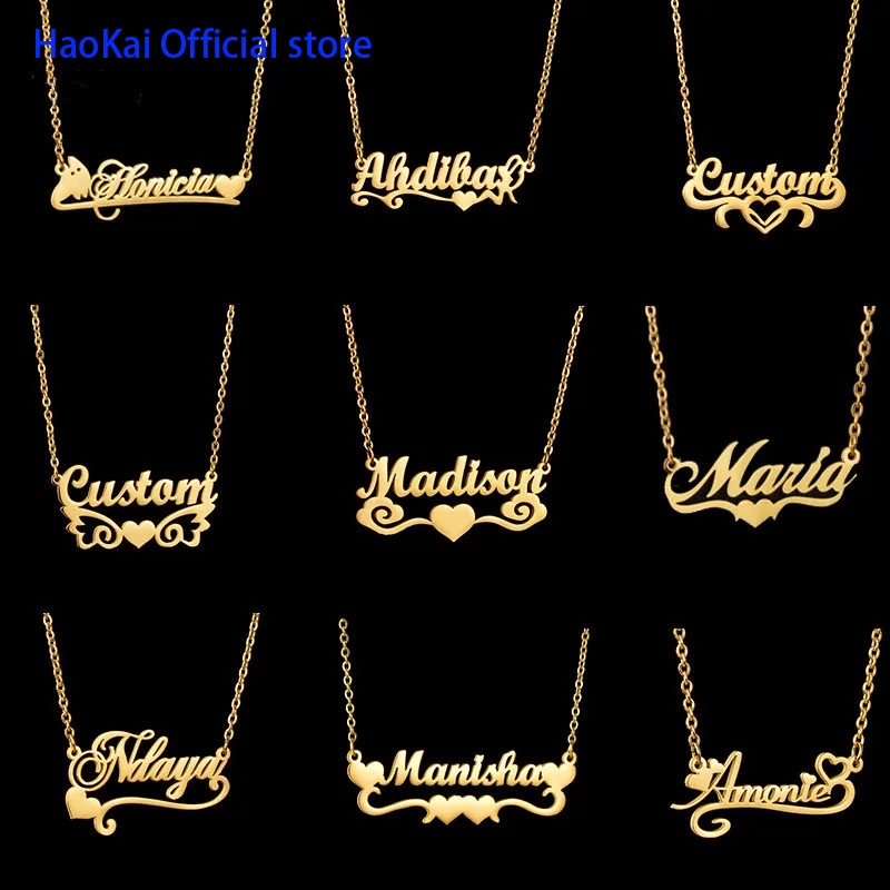 Haokai Customized Various Love Base Name Necklaces Personalized Love Heart Nameplate for Women Stainless Steel Jewelry Gift