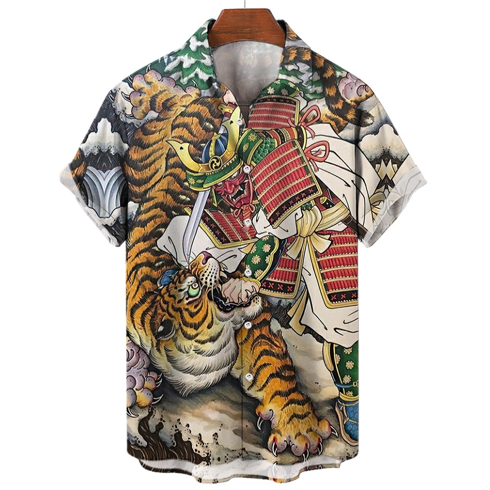 Essential Have Tiger Pattern Shirt Summer Hunter Short Sleeve Men's Anime Print Tops Casual Lapel Oversized Button Cl... - Image 3