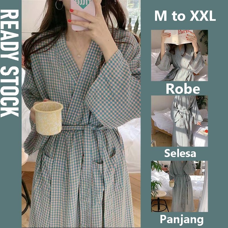 Malaysia Ready Stock - Japanese Kimono Bath Sleep Robe Checkers Design Sleepwear Cotton Robe