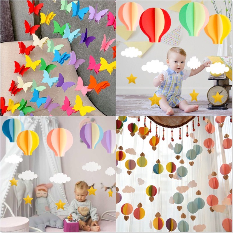 3D Birthday Party Supplies Colorful Paper Butterfly Flower Banner Cloud Bunting Pendant Birthday Party Sport Class Decoration Wedding Festival Decoration