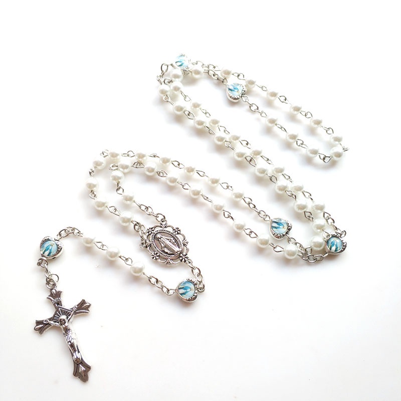 Designed for Foreign Trade Express E-commerce Simple Jewelry Glass Imitation Pearl Rosary Cross Pendant Men's and Women's Necklace