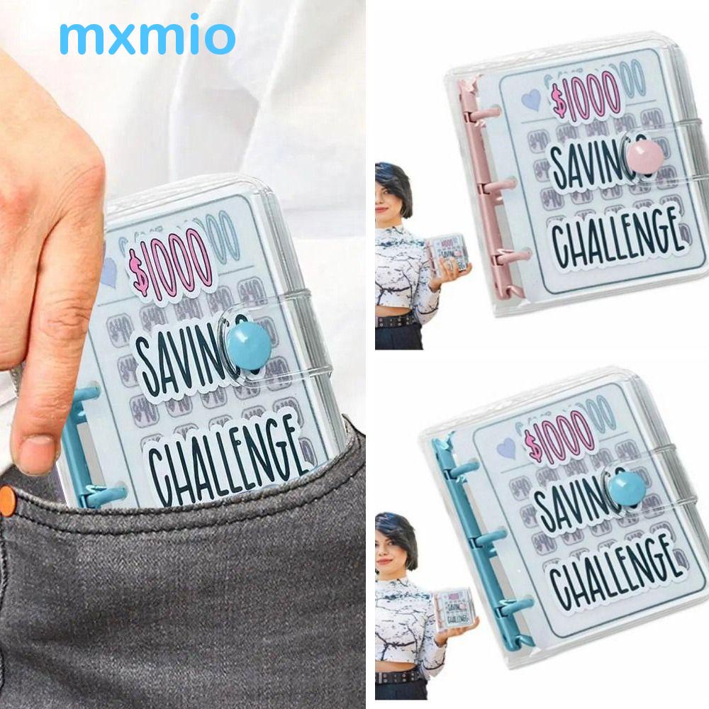 MXMIO Envelope Savings Challenges Book, Waterproof PVC $1000 Money Savings Challenge Binder, Creative Pink/Blue Button Closure Clear Cash Envelope Wallet Planners Cash Saving