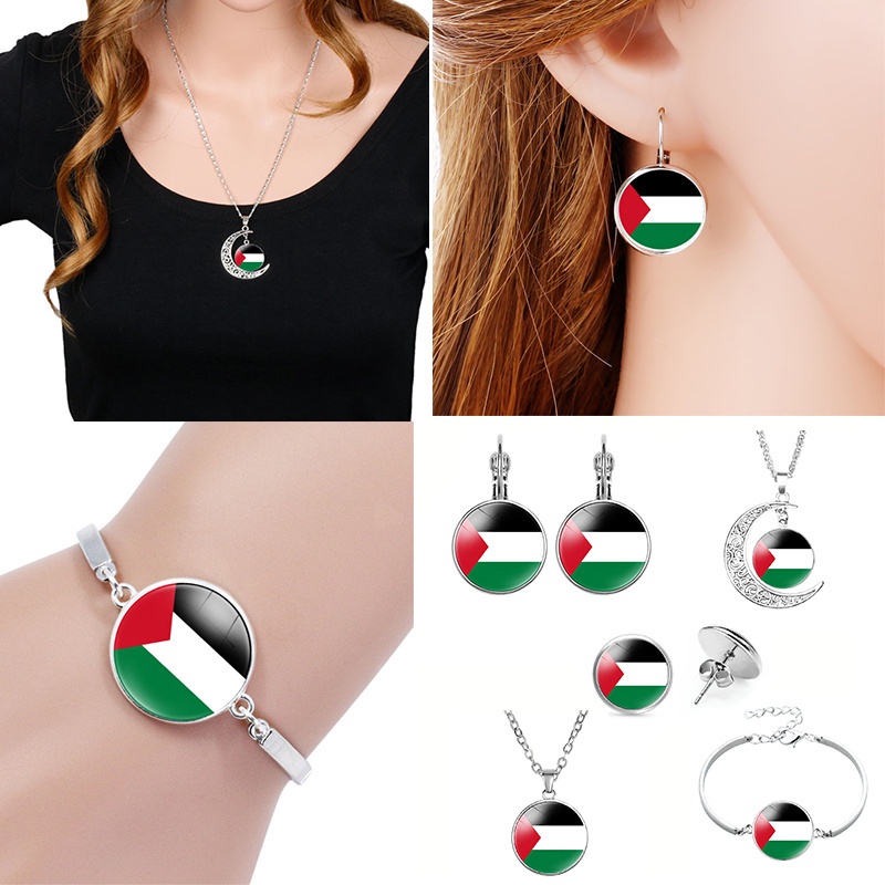 Palestine Flag Bracelet Necklace Jewellery Set Pendant Bracelet Earrings Unisex Palestinian