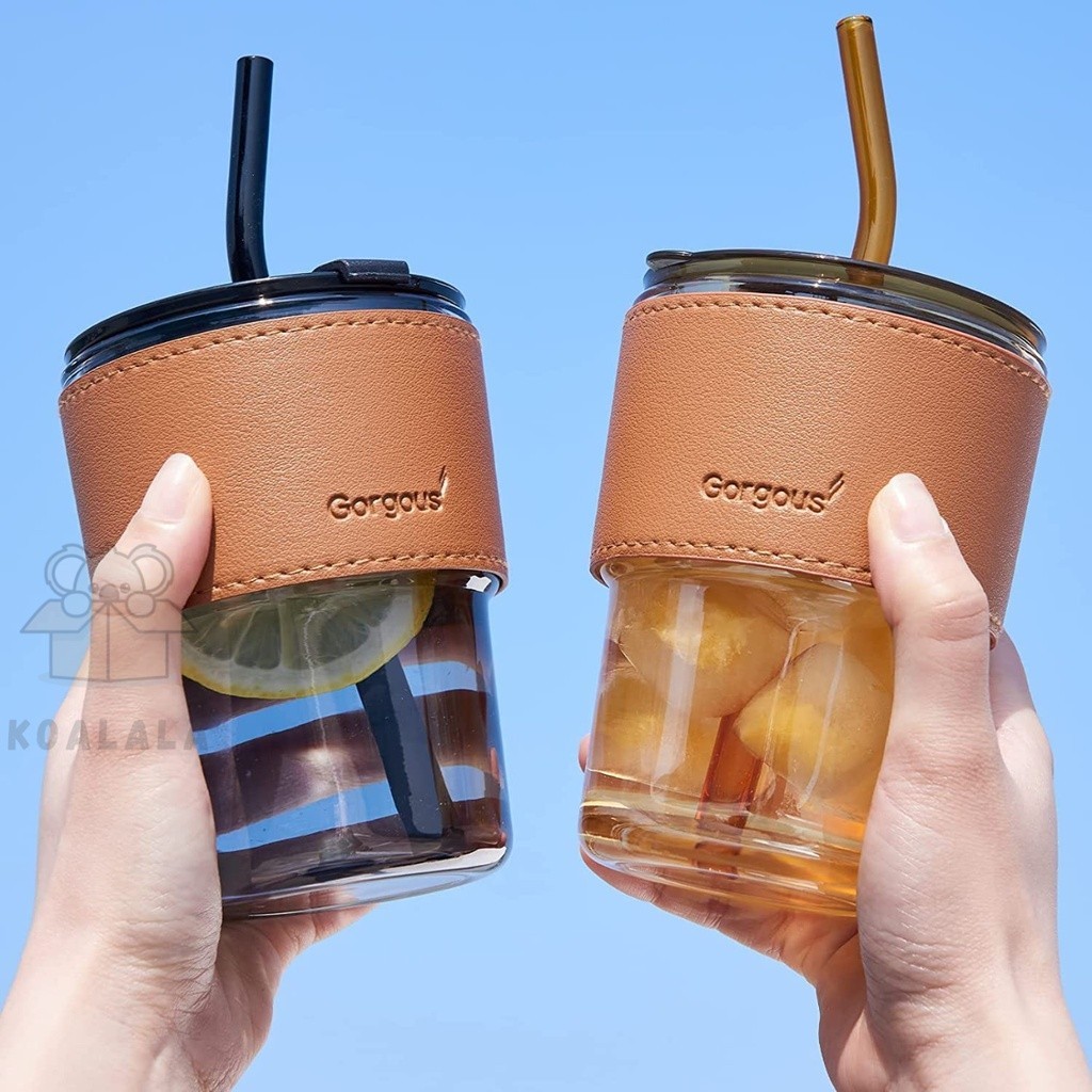 Glass Cup with straw Cawan Kaca kopi coffee cup Tea cup hadiah gift set Iced Water Bottle Coffee Glass Mug 玻璃杯子茶杯咖啡杯