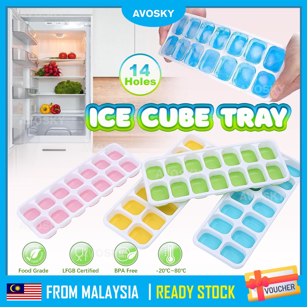 AVOSKY 14 Holes Ice Tray Ice Cube Silicone Jelly Maker Baby Food Puree Mold Container Lid Bekas Pembuat Ais Batu 硅胶冰格辅食盒