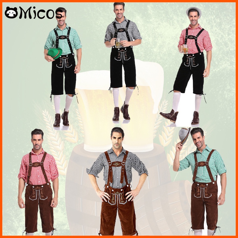 Man Carnival German Oktoberfest Costume Top Halter Lederhosen Hat Bavarian Bartender Cosplay Fancy Beer Party Dress Halloween